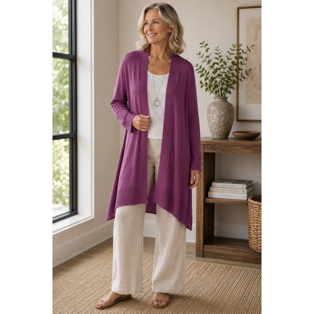 Eileen Fisher XL 100% Linen Long Cardigan Purple Open Front Fine Gauge Knit